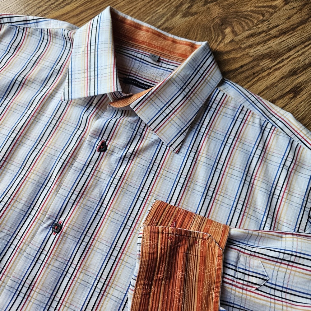 Visconti Dress Shirt Mens 2XL Plaid Long Sleeve Button Up Flip Cuff Orange White